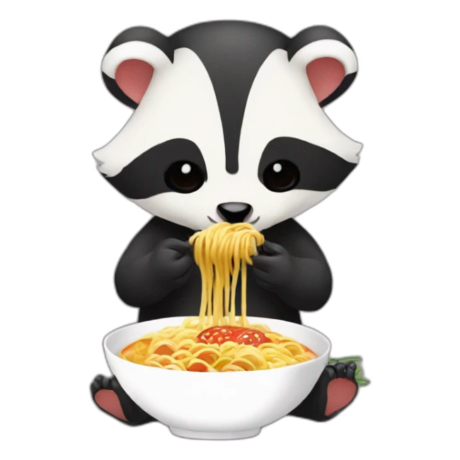 A badger eating ramen with a narutomaki sticker