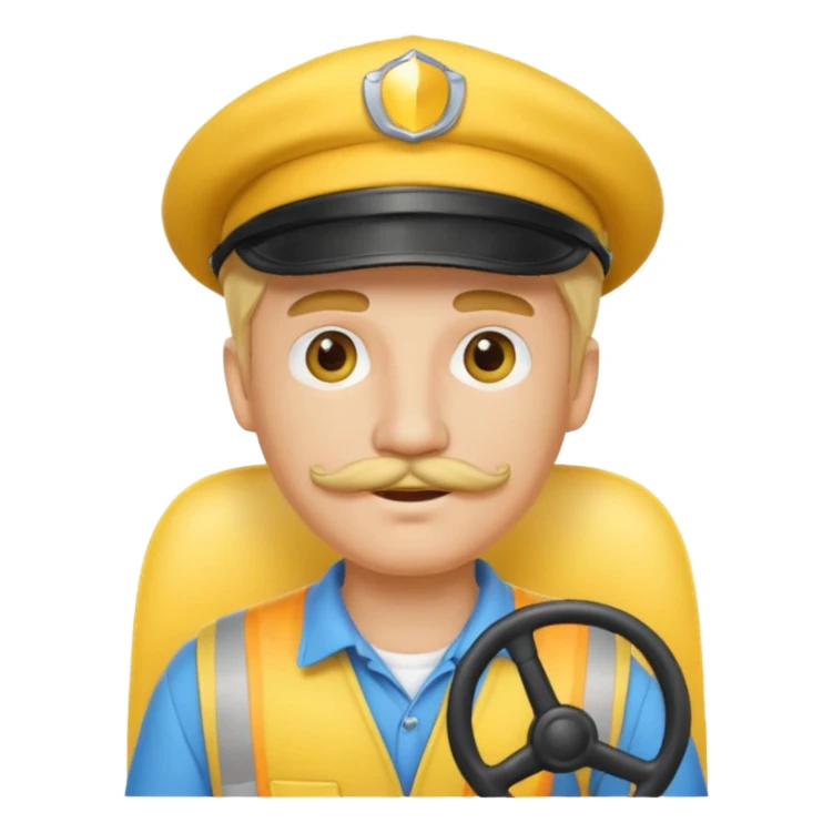 cute driver man, yellow hat, blonde hair, mustache, emoji style sticker