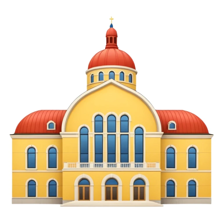 Norwegian Parliament building Stortinget, yellow brick facade, arched windows, iconic central rotunda, simplified and expressive, emoji style sticker