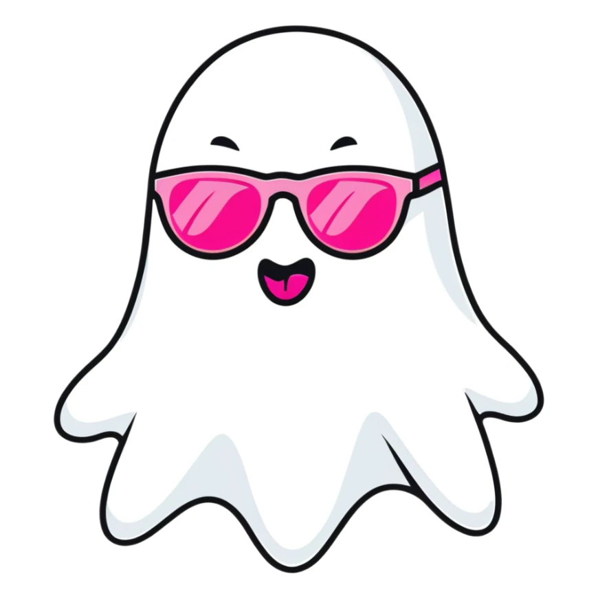 Ghost with pink sunglasses and sticking its tongue out ￼ sticker