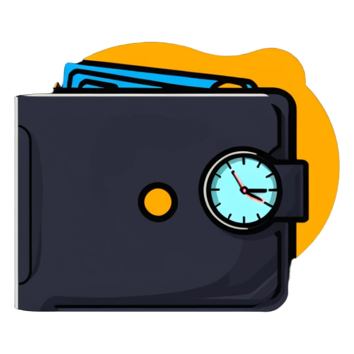 wallet with a zooming clock with motion blur in top right corner, clock with speed streaks, speedometer-style clock showing fast service sticker