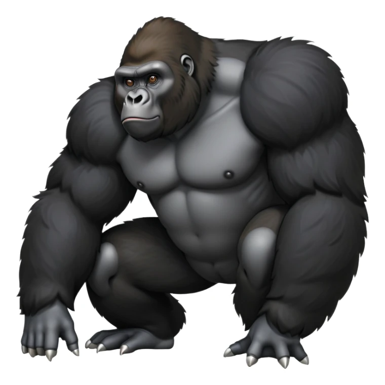 cinematic-friendly gorilla-realistic-full-body-crouched on all fours-emoji,-broad-and-powerful-frame-poised-with-confidence,-massive-arms-hanging-slightly-forward,-head-tilted-thoughtfully,-thick-black-fur,-deep-dark-eyes-full-of-intelligence,-simplified-yet-realistic sticker