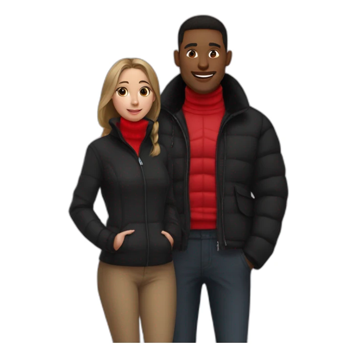 a girl with red turtle neck and a guy next to her with a black puff jacket sticker