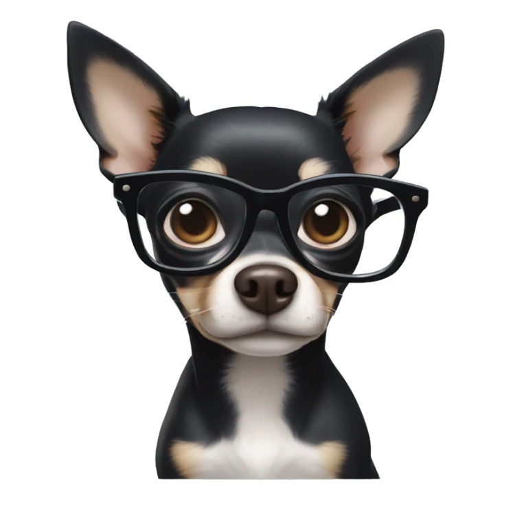 Black chihuahua with ivory eyebrows and cheeks, unusual blue eyes, and nerdy glasses sticker