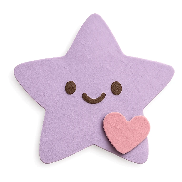 happy pastel purple star with a tiny pastel heart in front, no arms or legs, full body, kawaii paper craft style sticker
