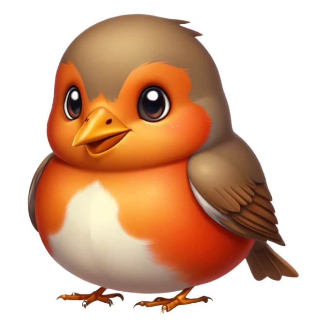 Cinematic Cute Robin Portrait Emoji, Head tilted playfully and inquisitively, featuring a charming, petite form with a vibrant red breast, round, sparkling eyes full of gentle mischief, and a delicate, beak-like smile, Simplified yet irresistibly adorable features, highly detailed, glowing with a warm, inviting glow, high shine, affectionate and lively, stylized with a touch of whimsical woodland charm, soft glowing outline, capturing the essence of a mischievous yet endearing robin that seems as if it could sing out of the screen into your heart! sticker