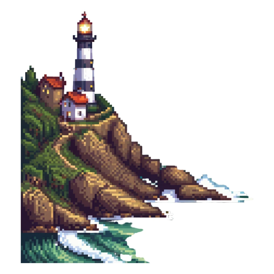 scenic coastline with waves, cliffs, and a lighthouse in pixel art style sticker