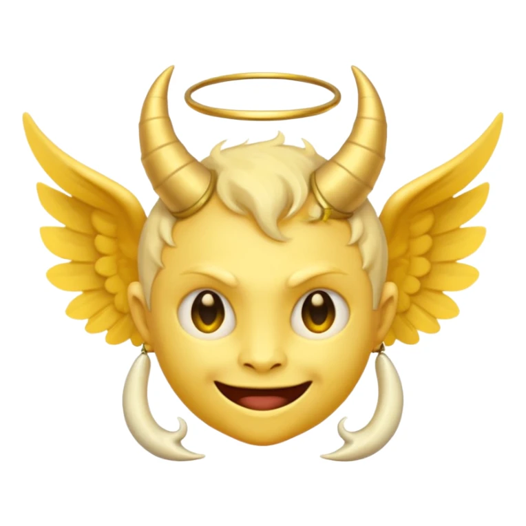 half angel half demon emoji, split face with one side angelic with halo and gentle smile, other side demonic with horn and mischievous grin, classic yellow emoji color sticker