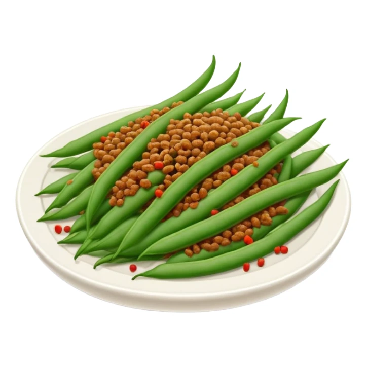 Dry Fried String Beans with minced pork and spices, simplified emoji style with bold outlines and bright colors, cartoon style Gan Bian Si Ji Dou sticker