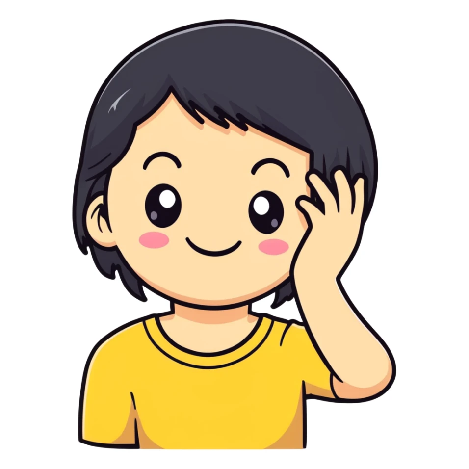 minimalist white smiley with black hair and hand behind head, embarrassed sticker