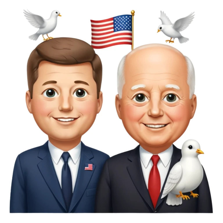 John F. Kennedy and Mikhail Gorbachev side by side, smiling, friendly diplomatic atmosphere, small peace symbols and doves, US and USSR flags as accents sticker