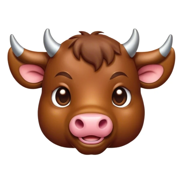 Cinematic Cute Brown Bull Portrait Emoji, Head tilted playfully and inquisitively, featuring a glossy, robust brown hide with a natural sheen, round, sparkling dark eyes filled with gentle curiosity, Simplified yet irresistibly adorable features, highly detailed, glowing with a warm, friendly glow, high shine, affectionate and imposing, stylized with a touch of rugged charm, bright and endearing, soft glowing outline, capturing the essence of a mischievous yet loving bull, so playful it feels like it could stomp out of the screen and into your arms! sticker