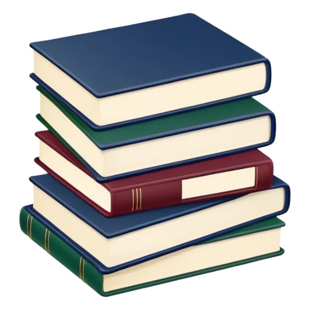 A flat-style illustration of three stacked hardcover textbooks, in muted academic colors like navy blue, maroon, and dark green. Symbolizing structured school education. Minimal cartoon style, white background, iOS emoji aesthetic. sticker
