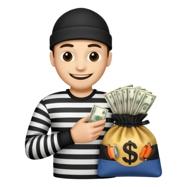 A robber with a black and white shirt with a bag of money  sticker