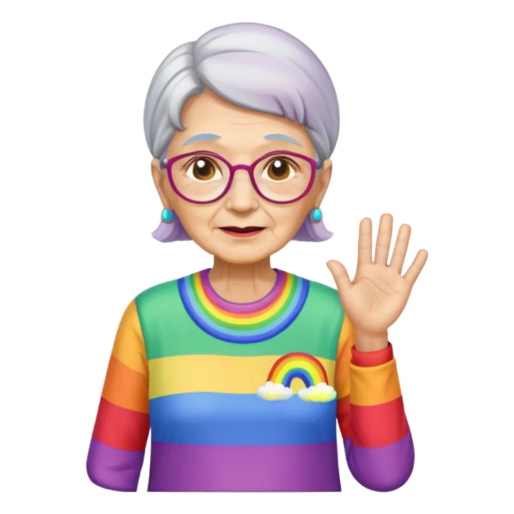 old woman with rainbow colored shirt sticker