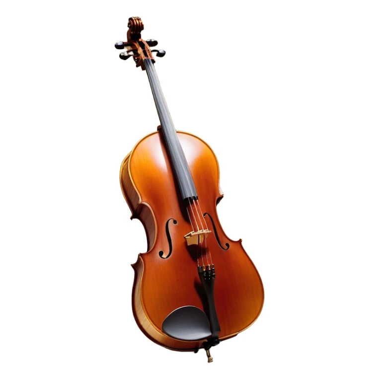 Create an elegant and refined emoji representing the Cremona 4/3F 4/4 cello with a Hans Klein HKCB bow. The design should feature the curved wooden body of the cello with a rich, glossy finish, capturing its classical shape and intricate details. The bow should be displayed with fine craftsmanship, highlighting the hair and the smooth, polished wooden stick. Include subtle musical notes floating around the instrument to emphasize its rich, melodic sound. Use deep wood tones like chestnut brown, gold accents for the fittings, and soft lighting effects to give the instrument a timeless, professional feel. The background should be transparent. sticker