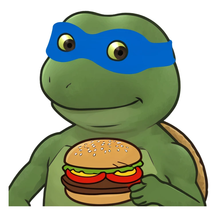 ninja turtle wearing blue eye mask with burger sticker