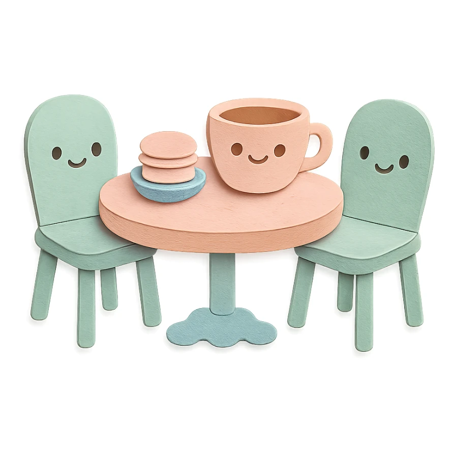 kawaii coffee shop table and chairs set with macarons and coffee, soft pastel hand-drawn illustration sticker