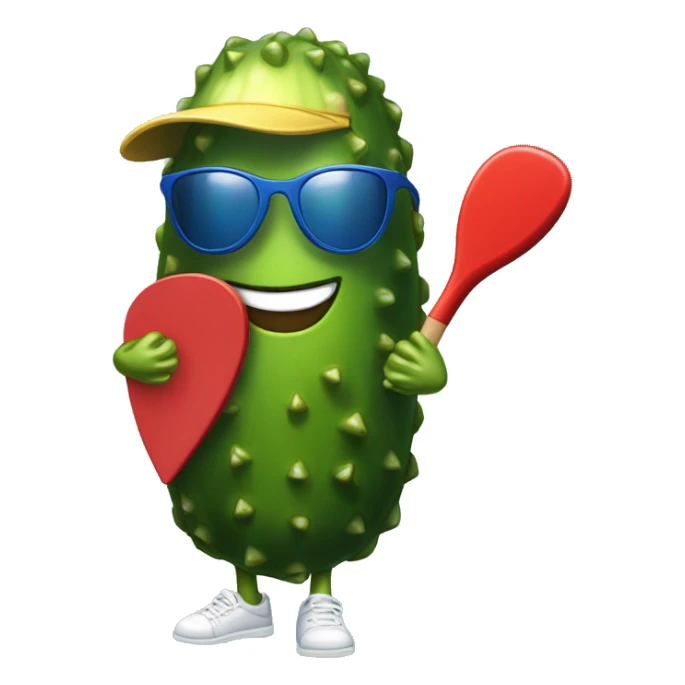 pickle with legs, wearing a jersey, mouth smiling, wearing cap, holding a solid red paddle ball racket, blue backgound, wearing sunglasses sticker