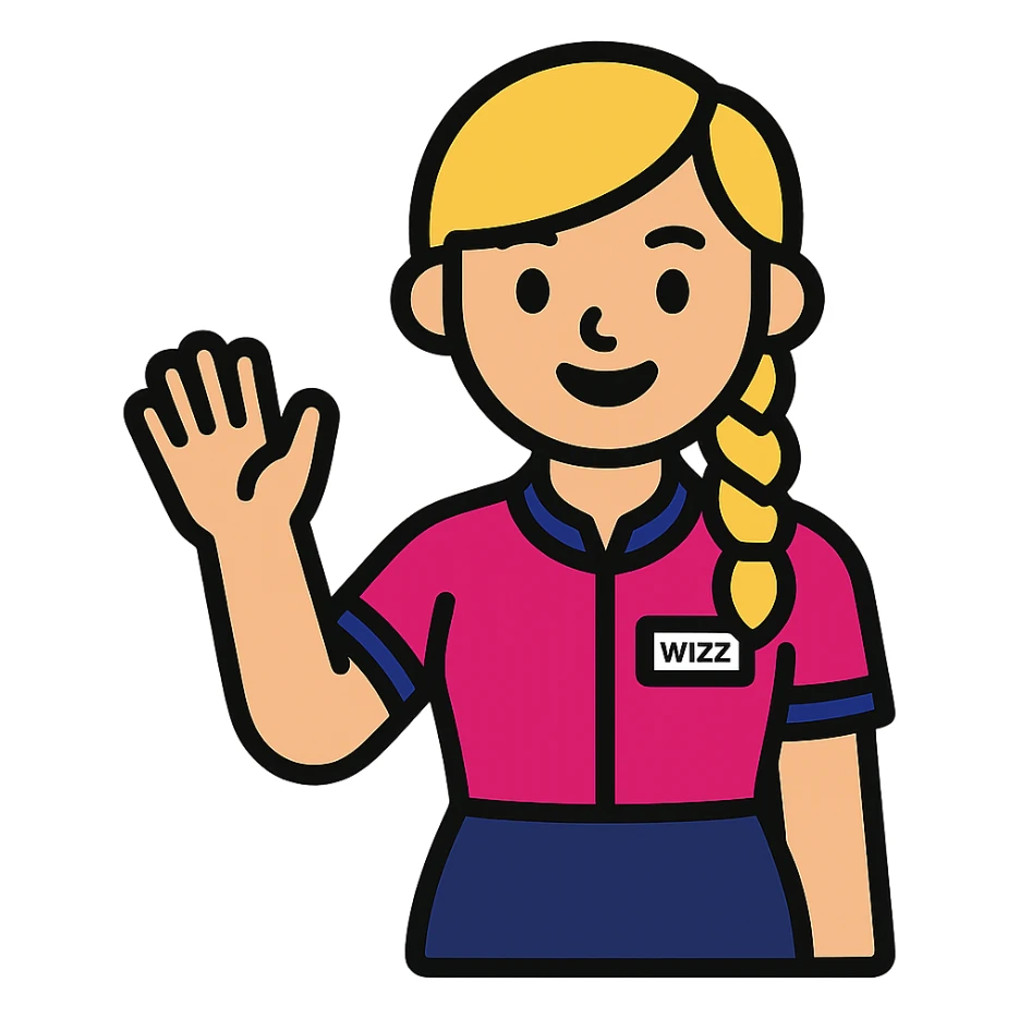 friendly stylized cartoon emoji of a Wizz Air flight attendant smiling and waving, blonde side braid, vivid pink shirt with blue accents, dark navy skirt, visible name tag, upright posture, welcoming gesture, flat design style, using actual uniform, hair, and skin colors from reference photo, transparent background sticker