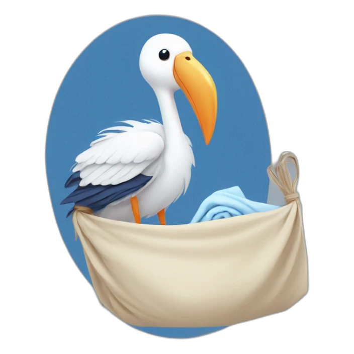 White stork carrying a blue bundle of cloth in its beak that has a human person cute baby with and the human baby head is peeking from the fabric bundle the strok is carrying with its beak sticker