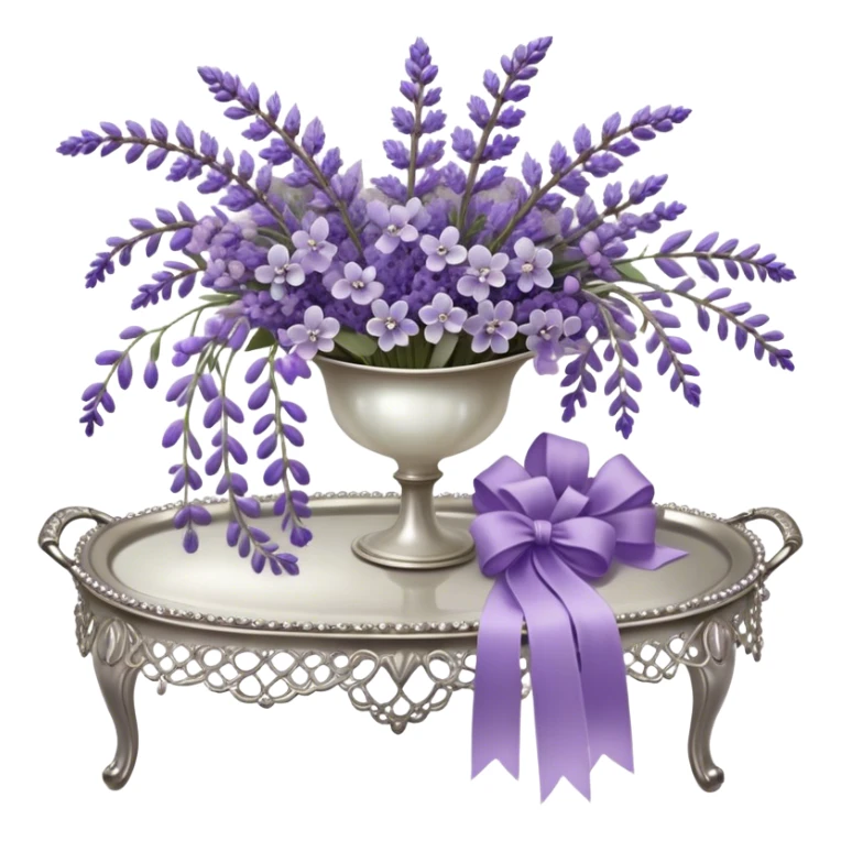 A cascading bouquet of lavender, blending soft lilac, dusky violet, and deep amethyst hues, is wrapped in delicate pearl-colored lace, tied with a silky wisteria ribbon. The stems, slightly uneven and wild, spill gently over the edge of an antique silver tray, where a few loose buds rest, their fragrance mingling with the faint scent of aged paper and timeworn fabric.
 sticker