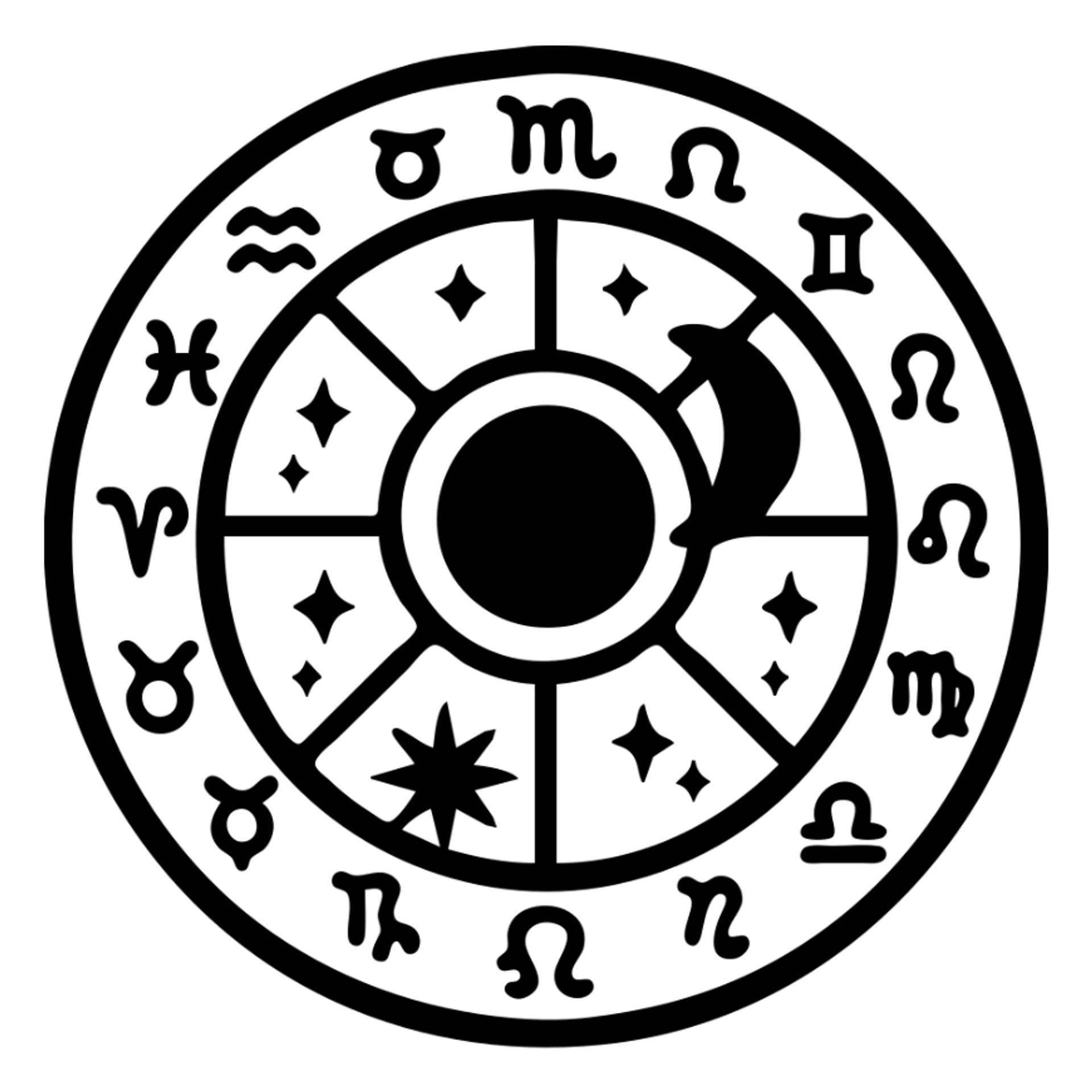vintage astrology natal chart icon with intricate celestial symbols, mystical and ornate, solid black filled sticker