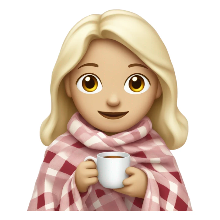 A pale blonde girl covered in a plaid light pink blanket sipping tea sticker