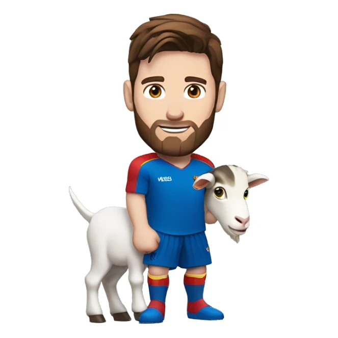 Messi holding a goat, redish brown hair redish beard, blue eyes, wearing a superman outfit sticker