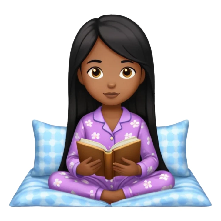 Menina de pele parda e cabelos pretos lisos e longos, está usando pijama e lendo um livro  sticker