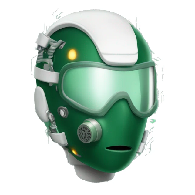 Dark green Mohawk female cyborg head with white respirator mask and circuits sticker