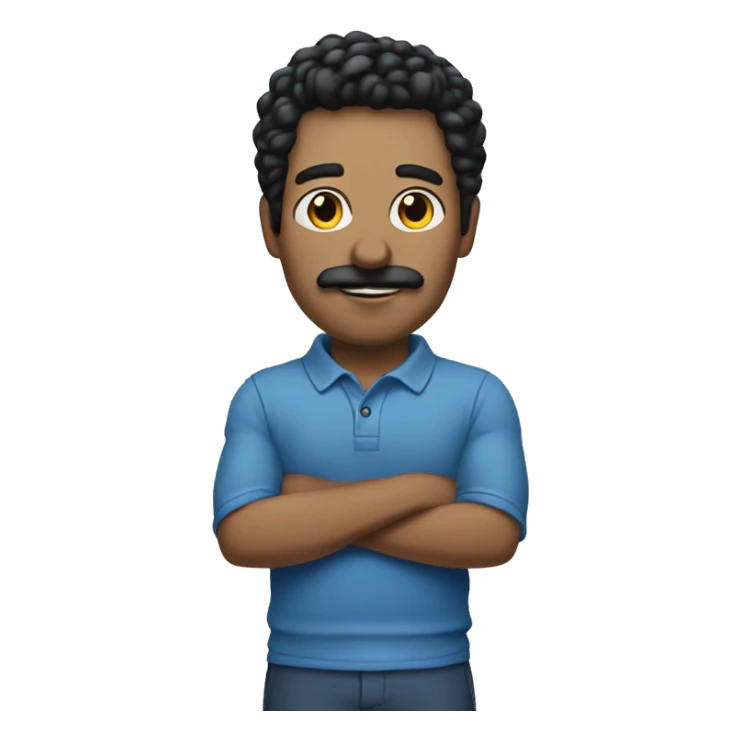 Man with black hair, black mustache, blue polo, standing next to a silver SUV sticker