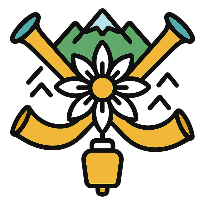 two crossed alpine horns behind an edelweiss, surrounded by mountain motifs, hanging cowbell, colorful icon style, alpine kitsch inspiration sticker
