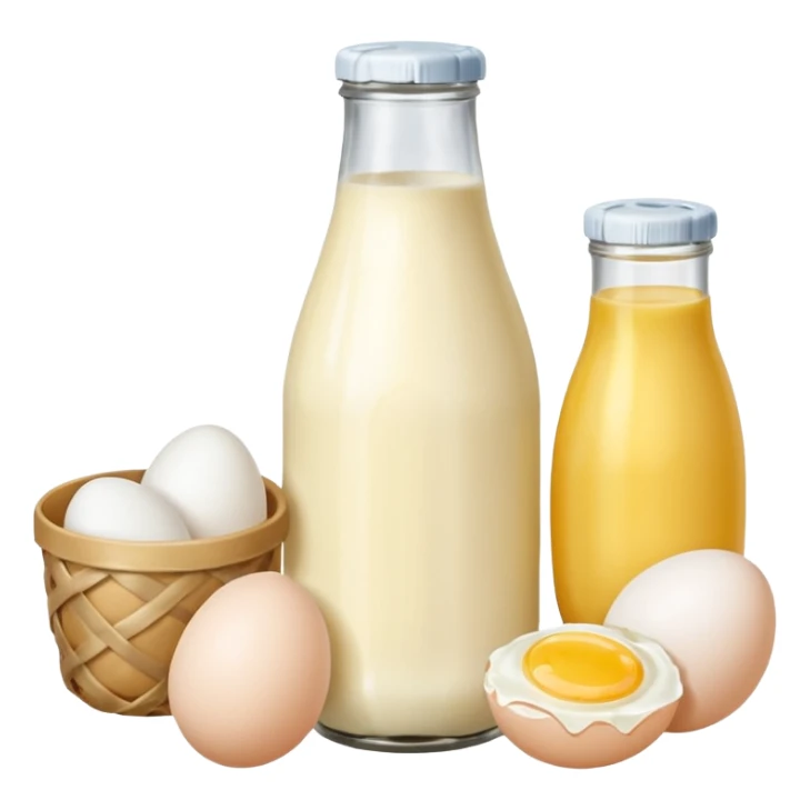 A cluster of dairy items: a milk bottle with an eggs and butter sticker