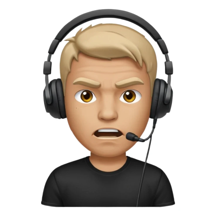 Male, angry, wearing headphone having mic, t-shirt 
 sticker