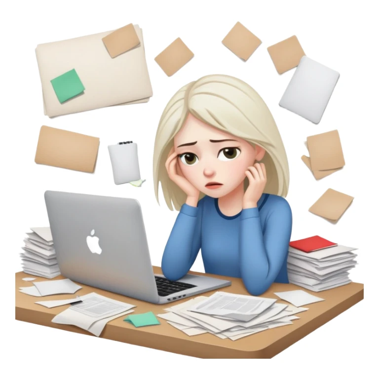 tired woman at a desk with a MacBook, surrounded by messy papers, emphasizing disorganization sticker