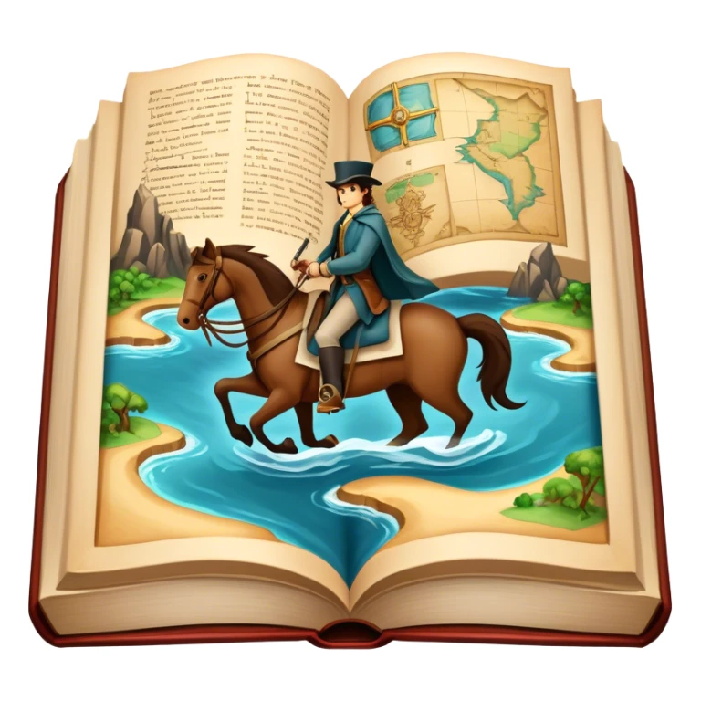 Icon for Reading Fiction: a large open book with pages turning into musketeers on horseback, Sherlock Holmes and Island of treasure map. The icon should evoke the adventure and romance of exploring fictional worlds. Transparent background. sticker
