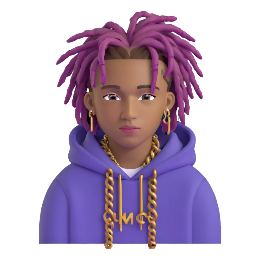 Juice WRLD with purple dreadlocks, designer hoodie, gold chains, and signature style sticker