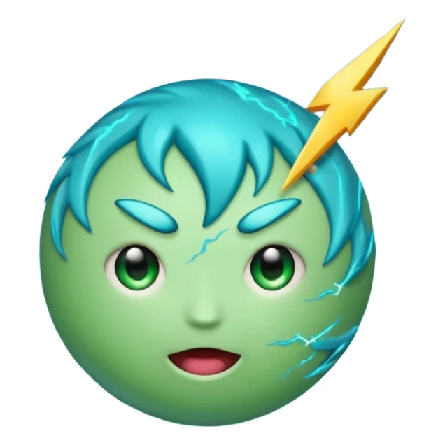 Uranus emoji with a face, blue-green planet, lightning bolts around it, wild and chaotic expression, representing unpredictability and transformation, Apple-style emoji sticker