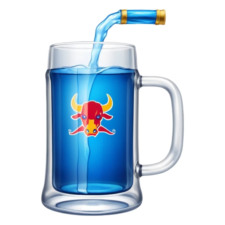 Large clear glass mug similar to beer stein with bright blue liquid inside. Put an upside down redbull can sticking out of the top of the mug only one handle. Put the can partially in the liquid  sticker