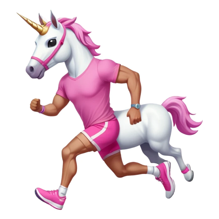 full body friendly anthropomorphised masculine unicorn with white horse-like face, muscular build, wearing pink t-shirt, shorts, trainers, dark sunglasses, running in a relaxed pose sticker
