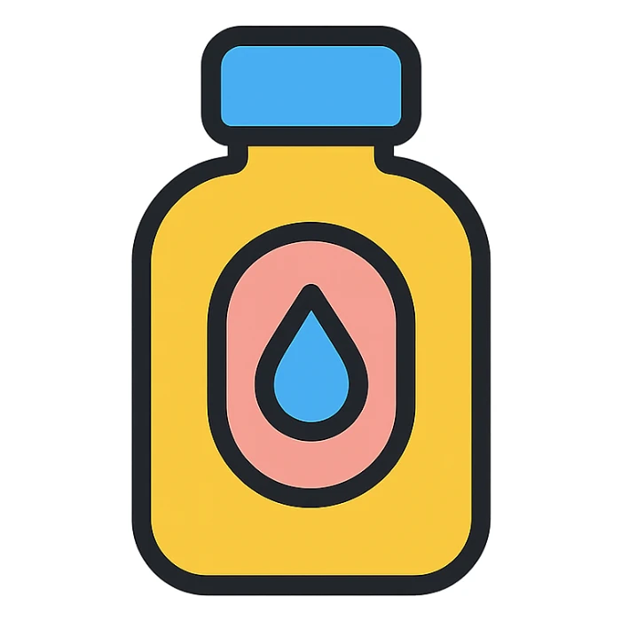 stylized baby oil bottle with a drop, Discord app icon style, modern and approachable sticker