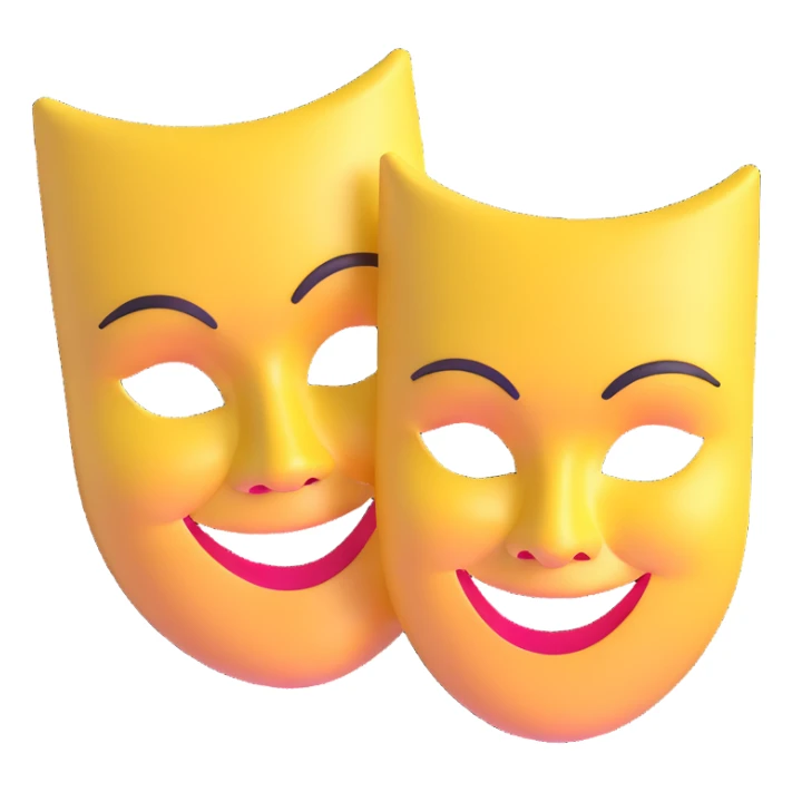 theatre masks with one mask smiling broadly and one mask frowning deeply, comedy and tragedy contrast sticker