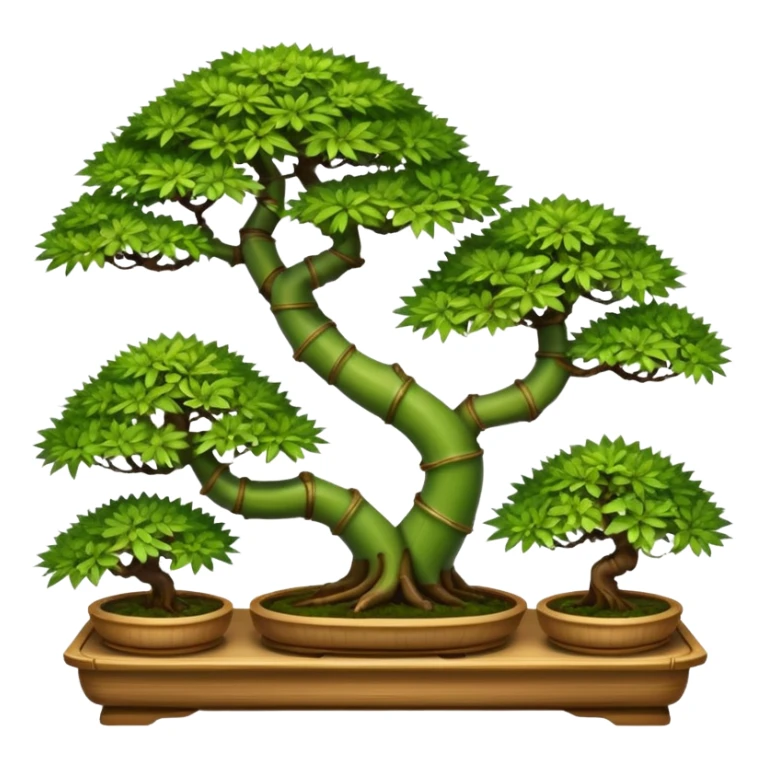 Tiered Twisted bamboo floor shelf unit stand displaying hair leaf maples and pine bonsai plants(in shallow bonsai pots)  sticker