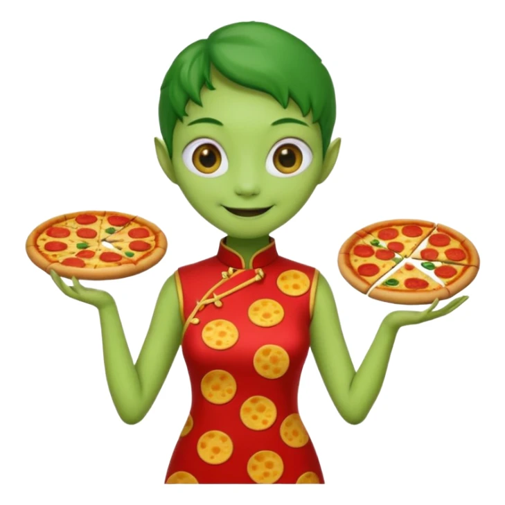 alien, wearing cheongsam, with pizza sticker