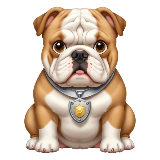 english bulldog with a security badge sticker