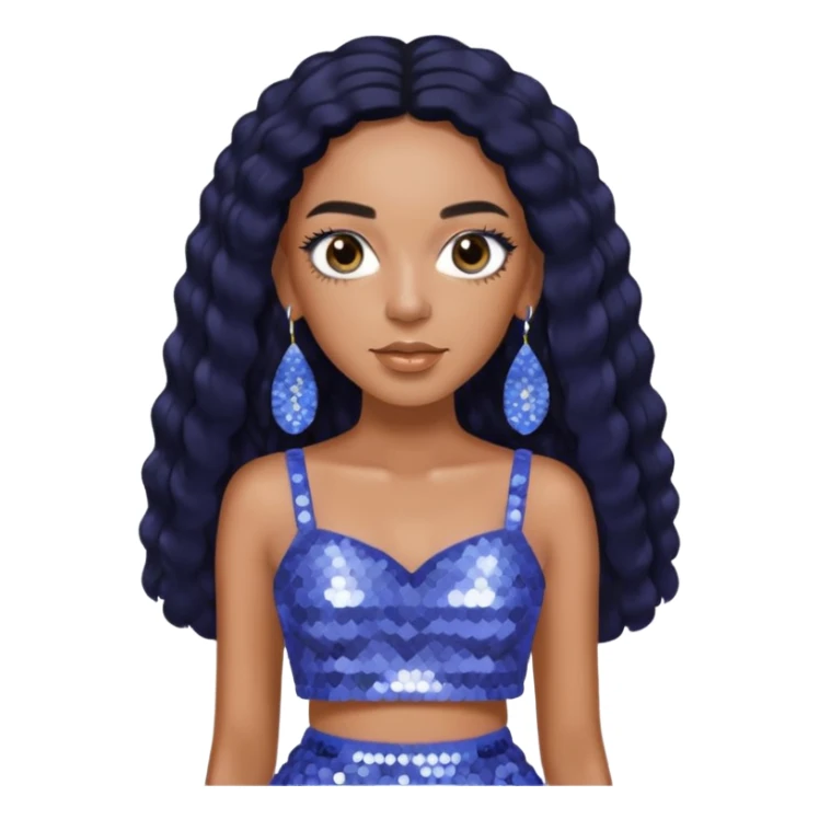 Solange with long black hair, periwinkle sequin crop top, periwinkle sequin skirt, periwinkle earring sticker