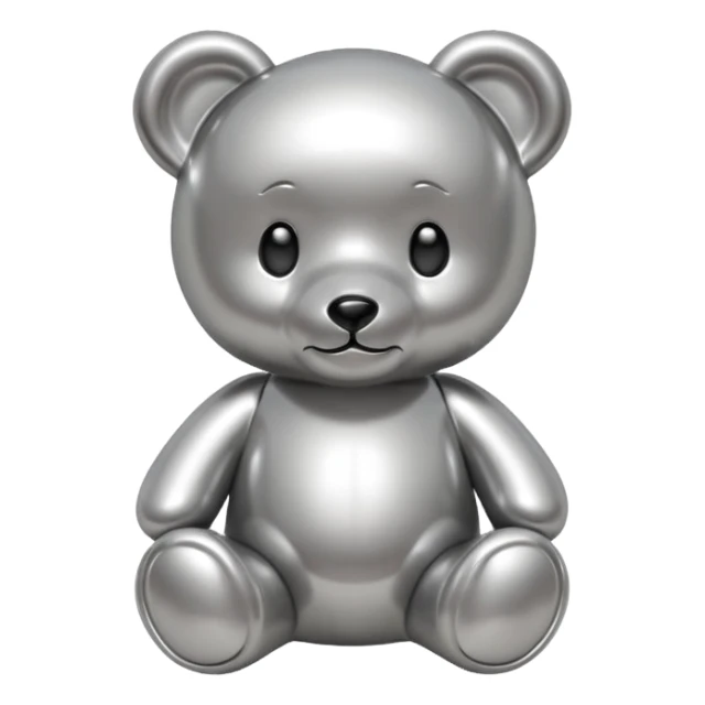 A cute teddy bear emoji made of liquid silver chrome, smooth rounded body, glossy metallic surface, soft reflections, friendly proportions, iOS emoji style, centered, clean white background sticker