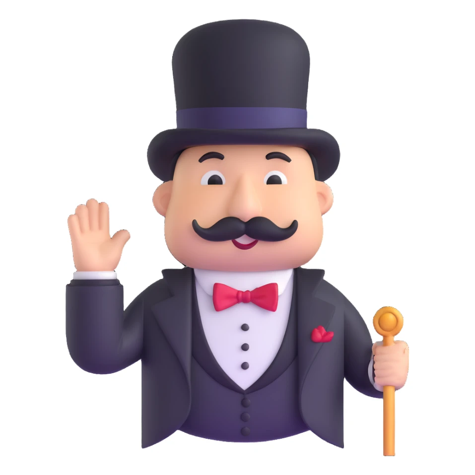 Rich Uncle Pennybags with mustache, top hat, tuxedo, and cane sticker