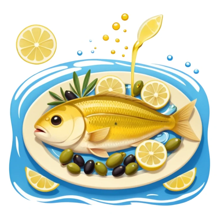 Mediterranean cuisine humanless avatar in clean emoji-style illustration. Olive oil, fish, lemon, blue and sunny colors, light and fresh mood, flat design, high contrast. sticker